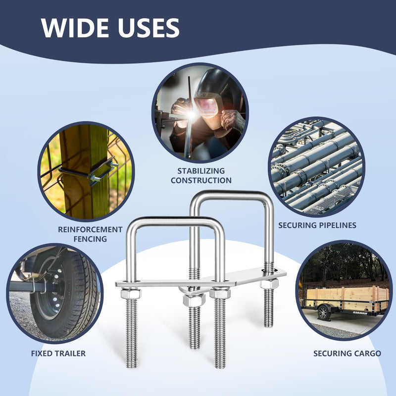 [Australia - AusPower] - 2 Sets M8 Square U-Bolts,u-Bolts 2 inch Wide,304 Stainless Steel Square u-Bolts,with Nuts,Bolt Plate and washers (2, M8 x 50mm x 100mm) 
