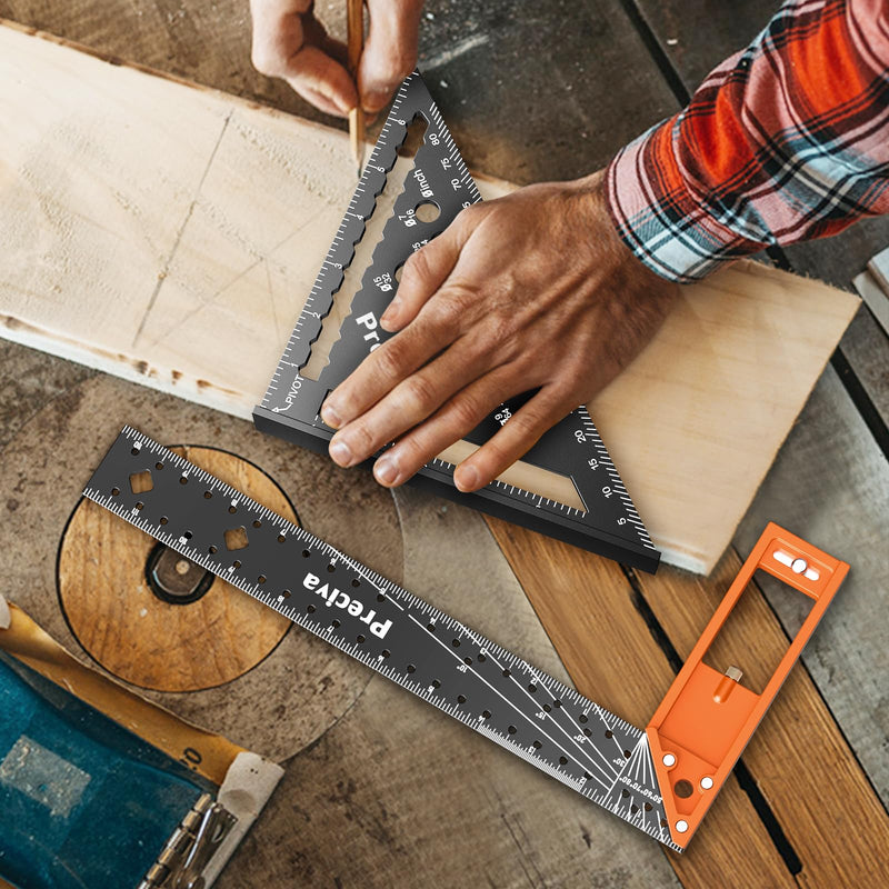 Preciva Carpenter Square Set, 7" Rafter & 12" Right Angle Ruler | Durable aluminum alloy, easy-read scale, use for marking angles, drawing lines, layout work, for carpenters, framers, DIYers