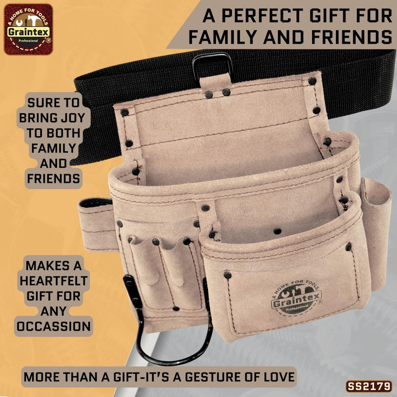 Graintex 5 Pocket Suede Leather Tool Belt/Bag, Multipurpose Leather Tool Belt for Women and Men, Ideal for Construction, Electrician, Handymen, Carpenter, Gardening Pouch & DIY Projects