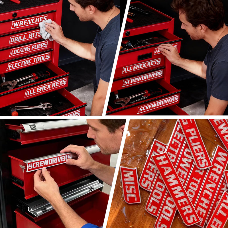 14 Pack of Magnetic Tool Box Labels – Reusable 3D Toolbox Labels Magnetic for Tool Organisation, Tool Box Magnetic Labels for Trolleys, Toolboxes and Drawer Cabinets (Red) Red 14pcs