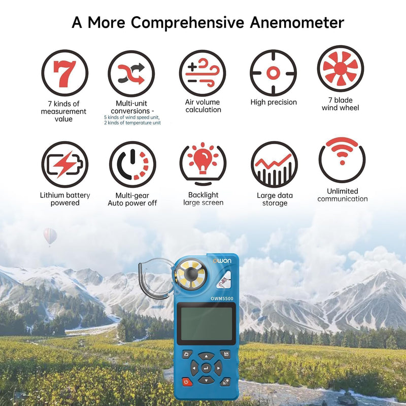 OWON OWM5500 Digital Anemometer: Handheld HVAC Tool for Precise CFM Air Flow Measurement, Wind Speed Measurement, Temperature and Humidity Monitoring with USB Sync to PC