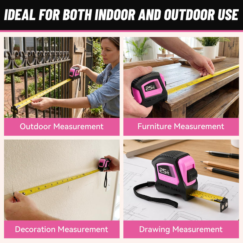 GRENPRO 25FT Magnetic Tape Measure, 1/8 Fractions Easy Read Double Sided Measuring Tape, Retractable Nylon Coated Tape with Magnetic Hook, Shock Absorbent Case for Construction, Carpentry, Woodworking Pink