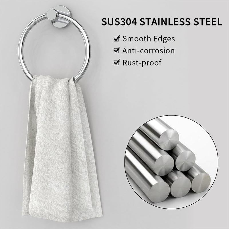 RARXTR Chrome Hand Towel Holder for Bathroom (2 Pack) Kitchen Towel Ring Modern Rounded Base Wall Mount SUS304 Stainless Steel 2