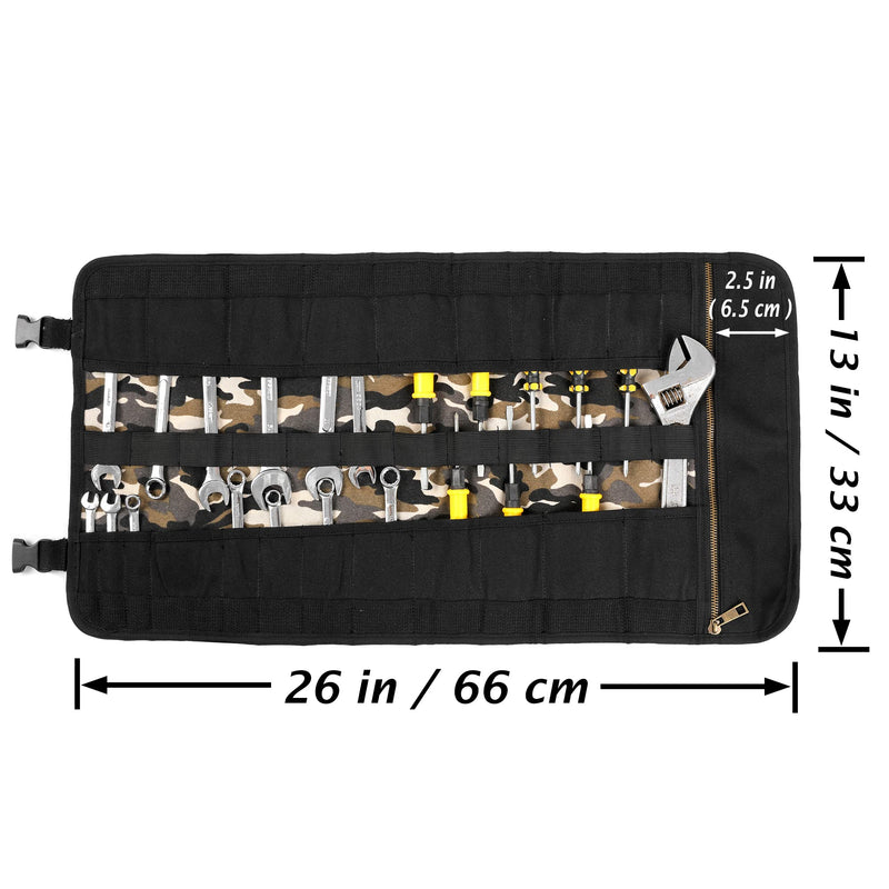 Tool Storage Roll, Heavy Duty 16oz Waxed Canvas Roll Up Tool Pouch Bag (23 Pockets & Portable Handle), Tool Carrier for Mechanic Carpenter | 26" x 13" | Camouflage Camouflage & Black