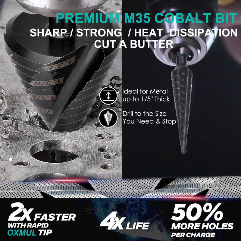 Large Step Drill Bit for Steel,1-5/8",13Hole,M42 Cobalt Step Bit, | Extra-Heavy Duty for Stainless Steel, Hard Metal, Aluminum, Wood, 13-Steps, 2 sprial flute. Co158 1Unibit 1-5/8