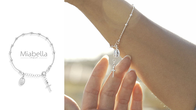 Miabella Italian 925 Sterling Silver Rosary Bead Chain Bracelet for Women Length 6 to 7 Inch