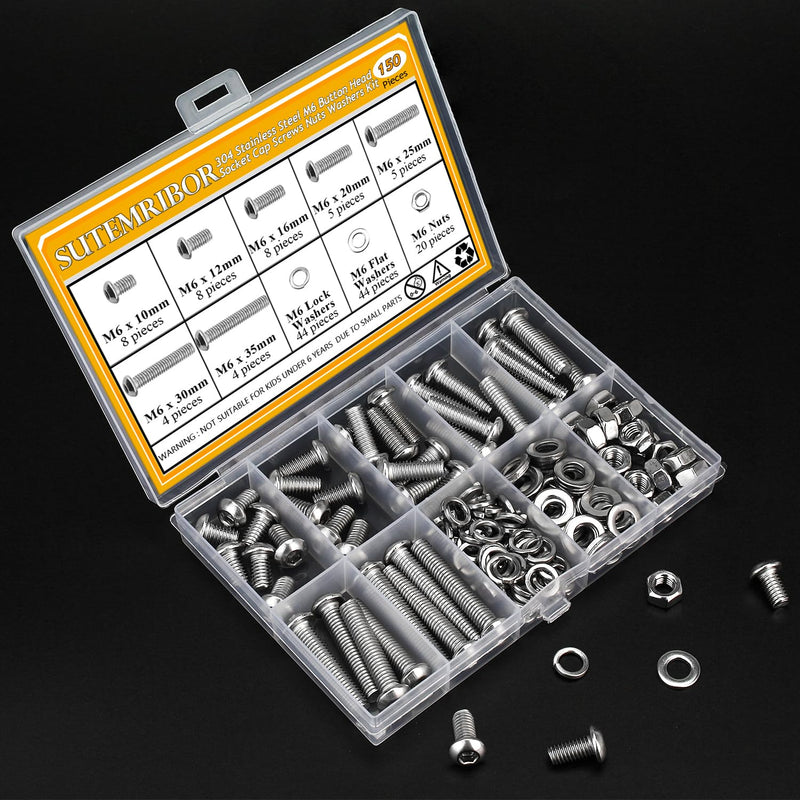 [Australia - AusPower] - 150 Pieces M6 Screws Nuts Washers Set, Sutemribor M6 x 10/12/16/20/25/30/35mm Button Head Socket Cap Screws Nuts Washers Assortment Kit, 304 Stainless Steel, Fully Threaded 