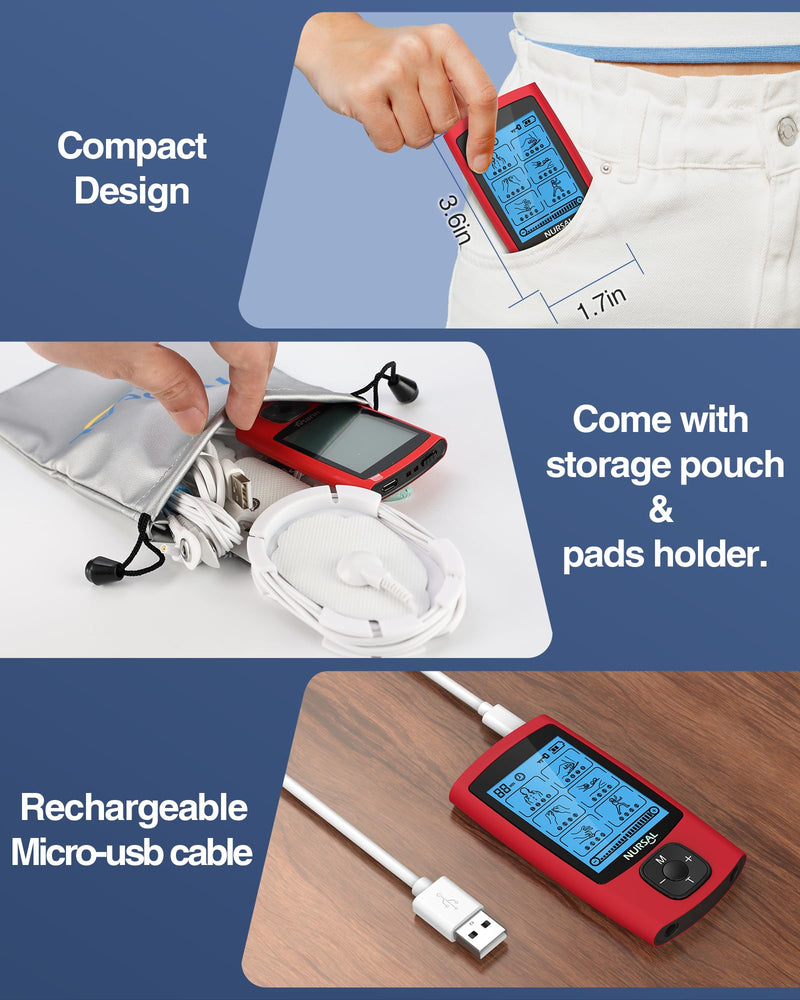 [Australia - AusPower] - NURSAL 24 Modes TENS Unit Muscle Stimulator, Rechargeable Electronic Pulse Massager with 8 Pads for Back and Shoulder Pain Relief and Muscle Strength (Red) 