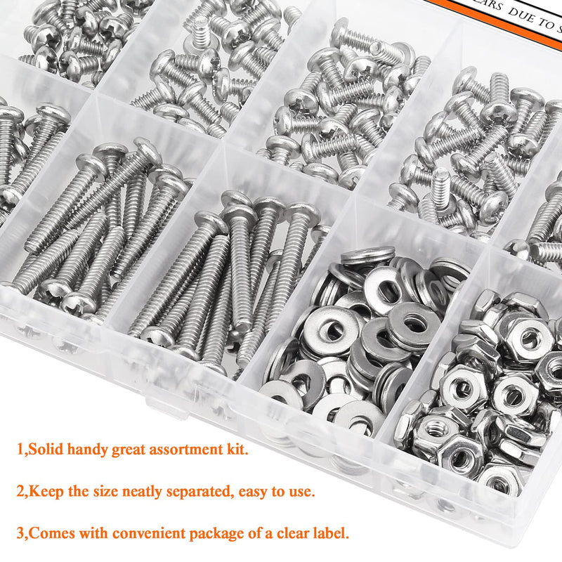 [Australia - AusPower] - 240 Pieces #6-32 Phillips Pan Head Machine Screws Nuts Washers Assortment Kit, Coarse Thread, Fully Machine Threaded, 304 Stainless Steel 