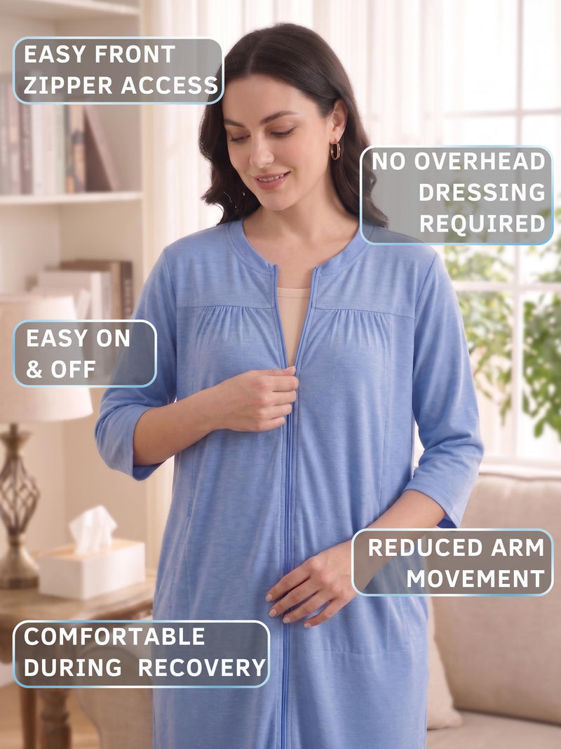 Women's Post Surgery Robe with Drain Pockets Mastectomy Recovery Robe Front Zipper Hospital Gown Pajamas Gift 3X-Large Dusty Blue