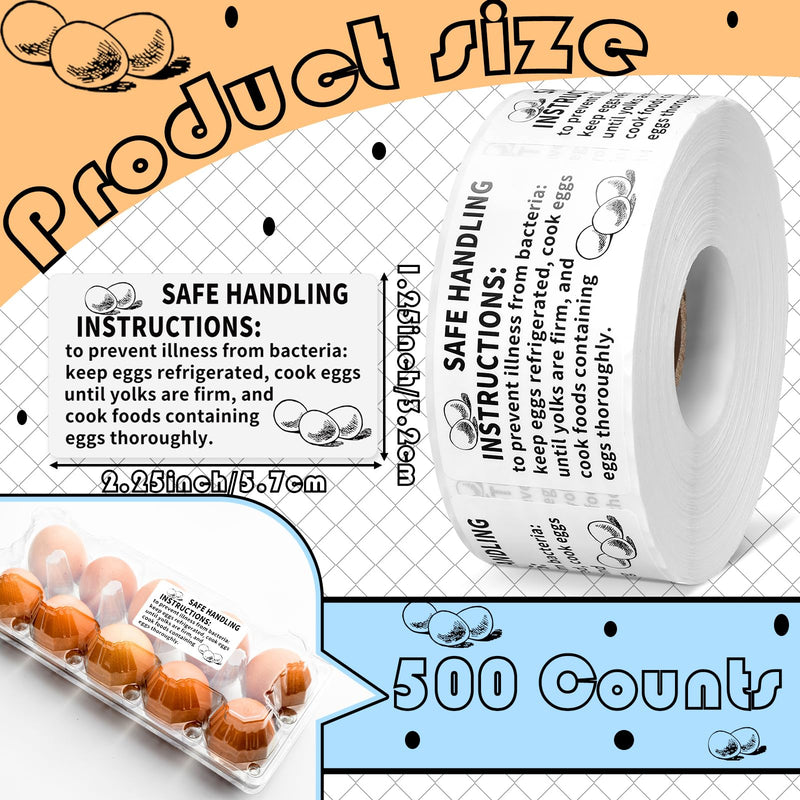 TaoBary 500 Count Safe Handling Instruction Stickers for Eggs 2.25”x1.25” Farmers Fresh Eggs Carton Stickers Thermal Printed Safe Handling Label for Egg Cartons