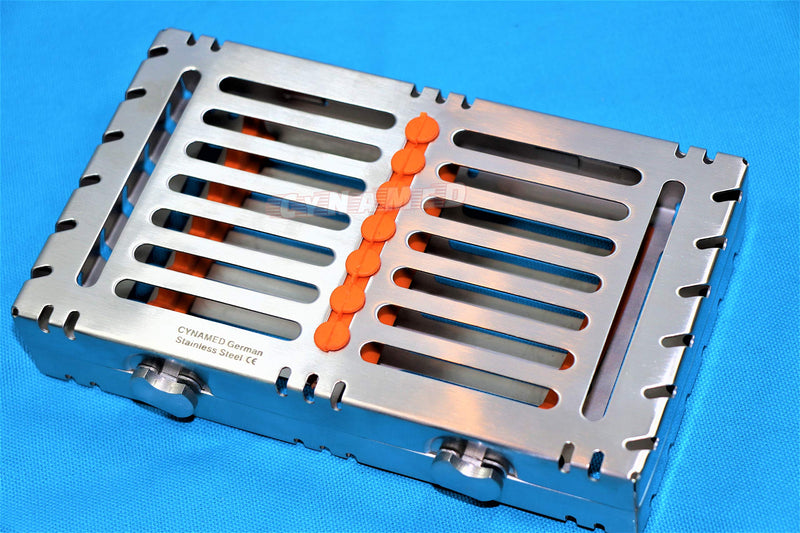 [Australia - AusPower] - German Stainless 1 Heavy Duty Dental Autoclave Sterilization Cassette Box Tray for 7 Instruments Button Type Detachable Cynamed 