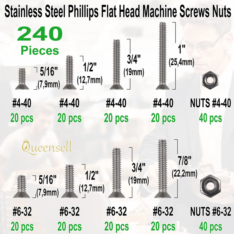 [Australia - AusPower] - Flat Head Screws #4-40#6-32 - Machine Screws Assortment Kit - 240 pcs - Bolts and Nuts Set - Full Thread Small Screws with Storage Box Flat Head 