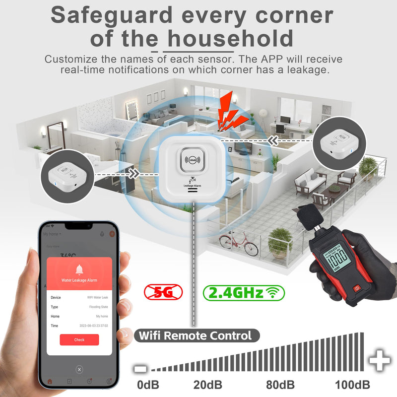 WiFi Water Leak Detectors 100dB Smart Water Sensor Alarm with 3.22 ft Sensor Cable Triple Detection Mode, with App Remote Monitor, Wireless Tank Level Monitor for Basement, Kitchen, Bathroom(1pack) 1pack