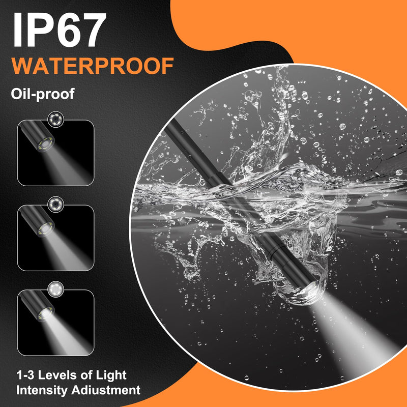 Borescope with Light, 4.3-Inch HD Display, 5.5mm Lens, 6.6 ft, Black | IP67 waterproof protection, six dimmable LEDs, over 4-hour rechargeable battery, hook, magnet, and side-mirror accessories 4.3IN-2M