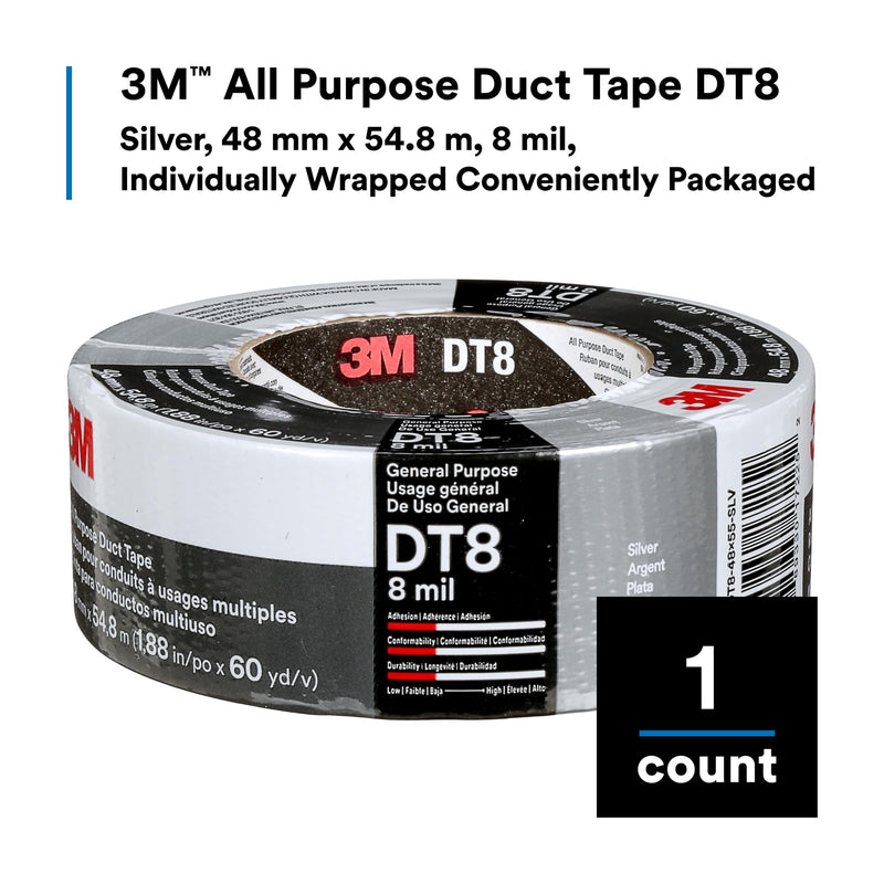 3M DT8 Industrial Strength Multi-Use Duct Tape, Silver, 1.88in x 60 yd x 8 mil Thickness – Professional Grade Adhesive, 1 Pack 1 Pack Silver