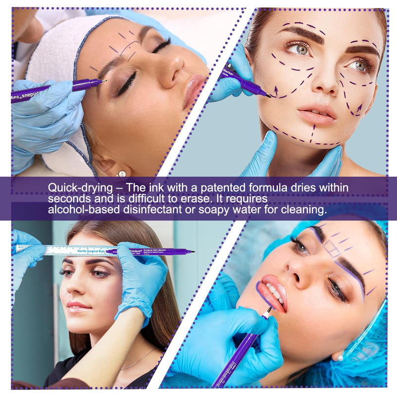[Australia - AusPower] - 6Pcs Professional Surgical Tip Skin Marker Pen Purple Ink Stencil Markers Pen with Paper Ruler for Eyebrow, Tattoo Skin Marking Individually Wrapped 0.5MM & 1MM (Purple) 