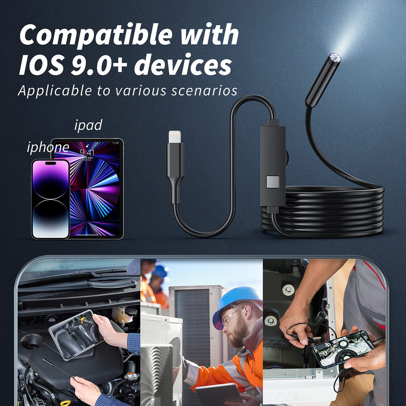[Australia - AusPower] - Endoscope Camera with Light, 1920P HD Borescope Tools with 8 Adjustable LED Lights, Endoscope with 16.4ft Semi-Rigid Snake Camera, 7.9mm IP67 Waterproof Inspection Camera for iOS (Black) 