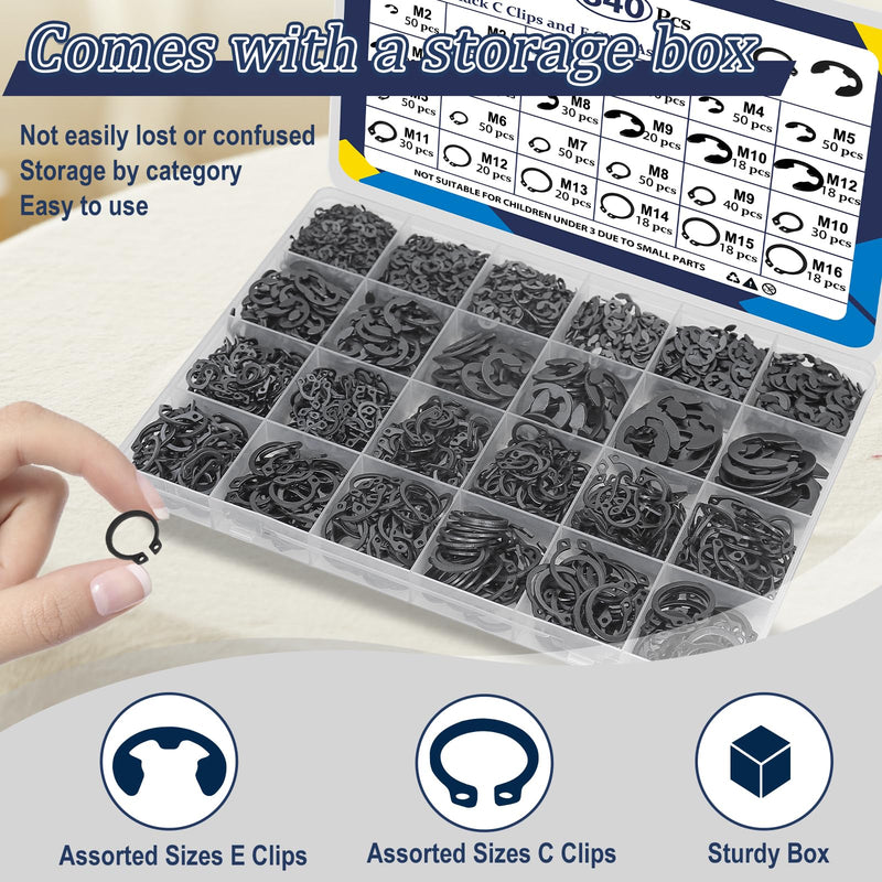 [Australia - AusPower] - ZQZ 840Pcs C Clips Assortment (M5-M16) and E Clips Assortment Set (2.0mm-12mm), External Retaining Rings, 24 Sizes Snap Rings Assortment Kit, Black Carbon Steel Circlip Retaining Clip Black carbon 840pcs e-clips+c-clips 