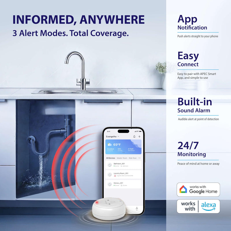 [Australia - AusPower] - APEC WATER WiFi Water Leak Detector for Home, App Connected get Real-Time Alerts, Highly Reliable Dual Sensor Wet Moisture Detection (1PK) 1-Pack 