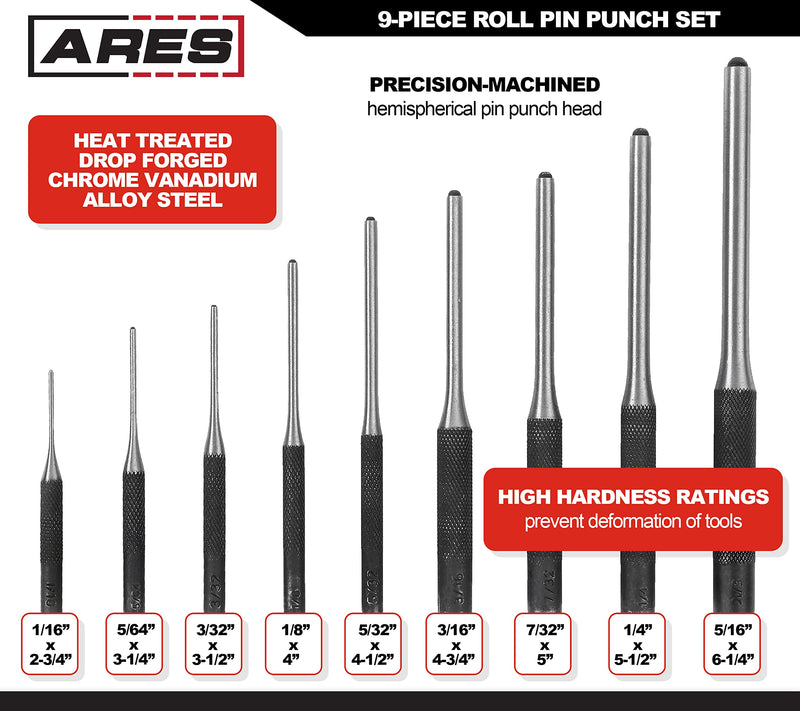 ARES 10021 – 9-Piece Roll Pin Punch Set – Durable Heat Treated and Drop Forged Steel Pin Punches with Pouch -Ideal for Automotive Repair, Gunsmithing, Craft Work, and Jewelry Repair