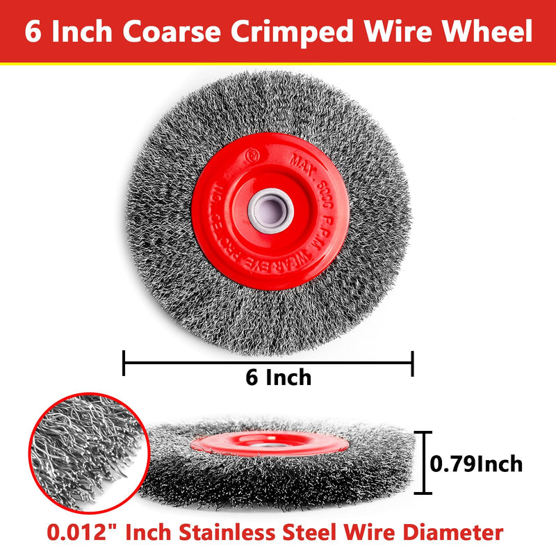 6 Inch Stainless Steel Wire Wheel Brush for Bench Grinder with 1/2-Inch and 5/8-Inch Arbor, 0.012" Coarse Crimped Stainless Steel Wire,for Rust Removal (2) 2