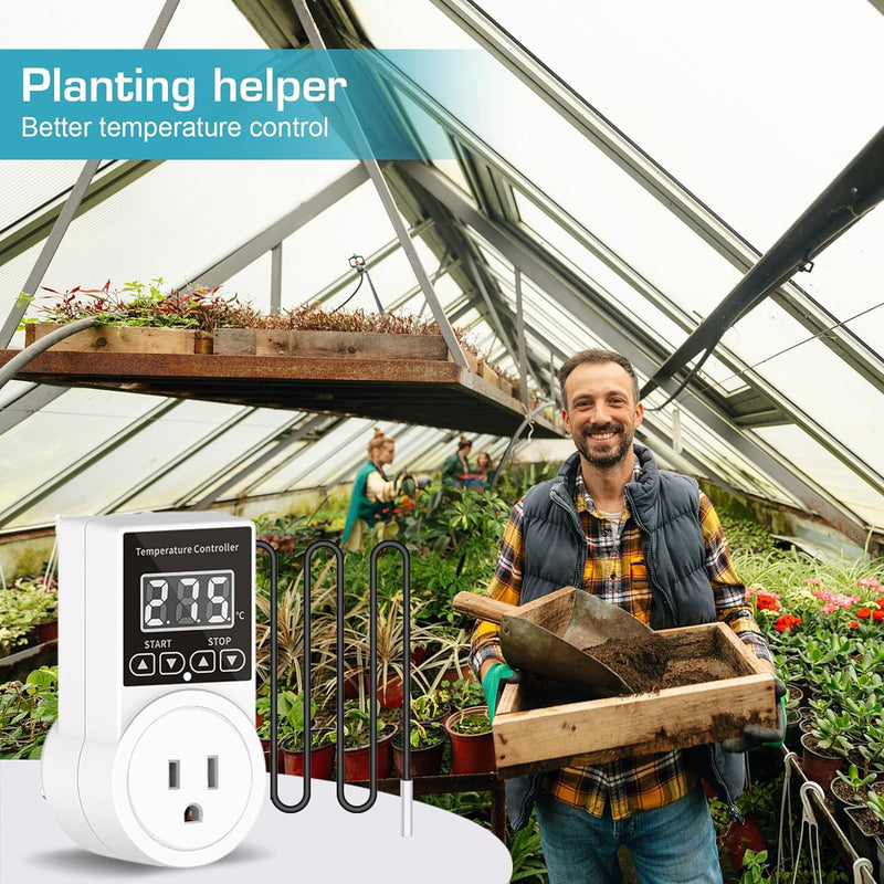 [Australia - AusPower] - Digital Thermostat Plug Socket, LCD Screen Temperature Controller US Plug with Water Proof Sensor Probe, Heating Cooling Temperature Switch Outlet for Reptile Greenhouse Terrarium Home 