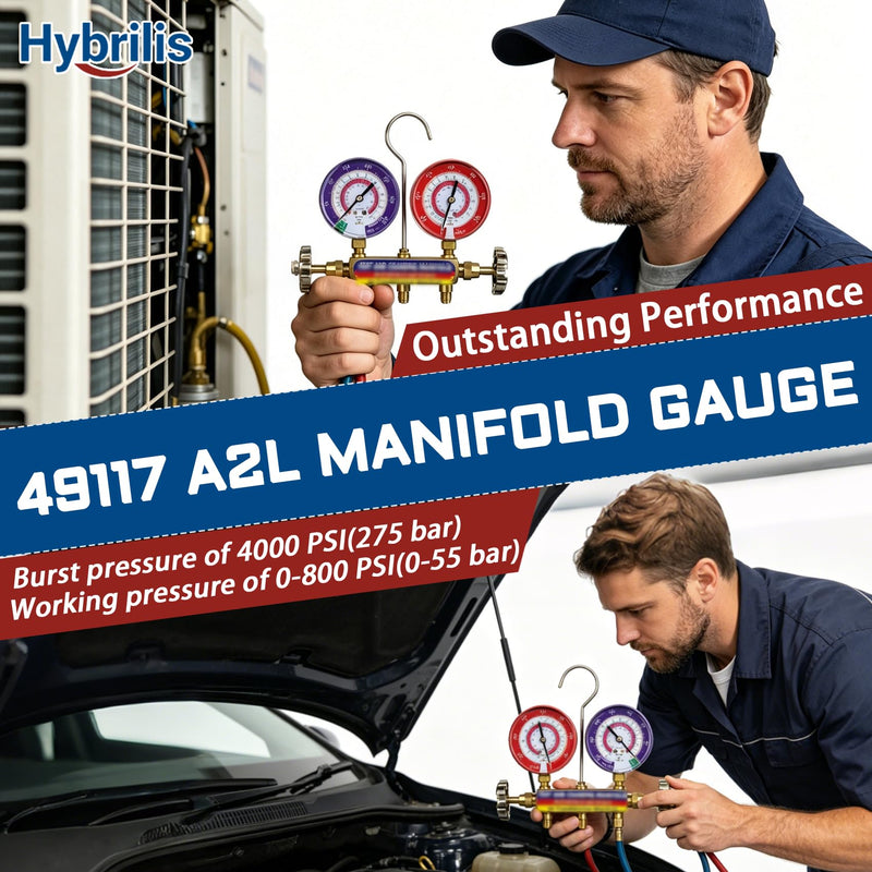 Upgrade 49117 A2L Manifold Gauge - Red, 3-1/8" (80 mm) Gauges, Compatible with R32, R454B, R410A Professional HVAC/R Tool, Working Pressure 0-800 PSI, Npt Thread, Color-Coded Scales