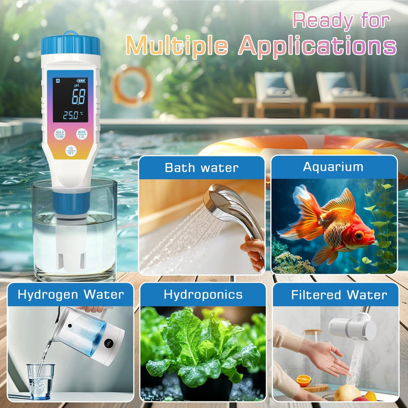 [Australia - AusPower] - Hydrogen Water Tester Meter, 7 in1 pH/H2/TMEP/EC/TDS/ORP/SALT Kit for Hydrogen Water Bottle, TDS Meter Digital Water Tester for Drinking Water, ORP Meter for Water, Juice, Coffee 7 IN 1 with Calibration Solution 