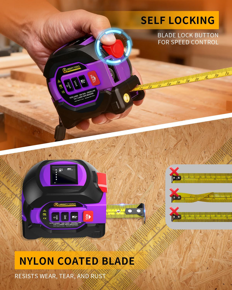 [Australia - AusPower] - 3 in 1 Digital Laser Tape Measure, 197ft/60m Laser Distance Meter, 16ft/5m Digital Tape Measure with Cross Line, AutoLock, ft/in/m Unit Switch, Measure Area, Volume, Pythagorean 