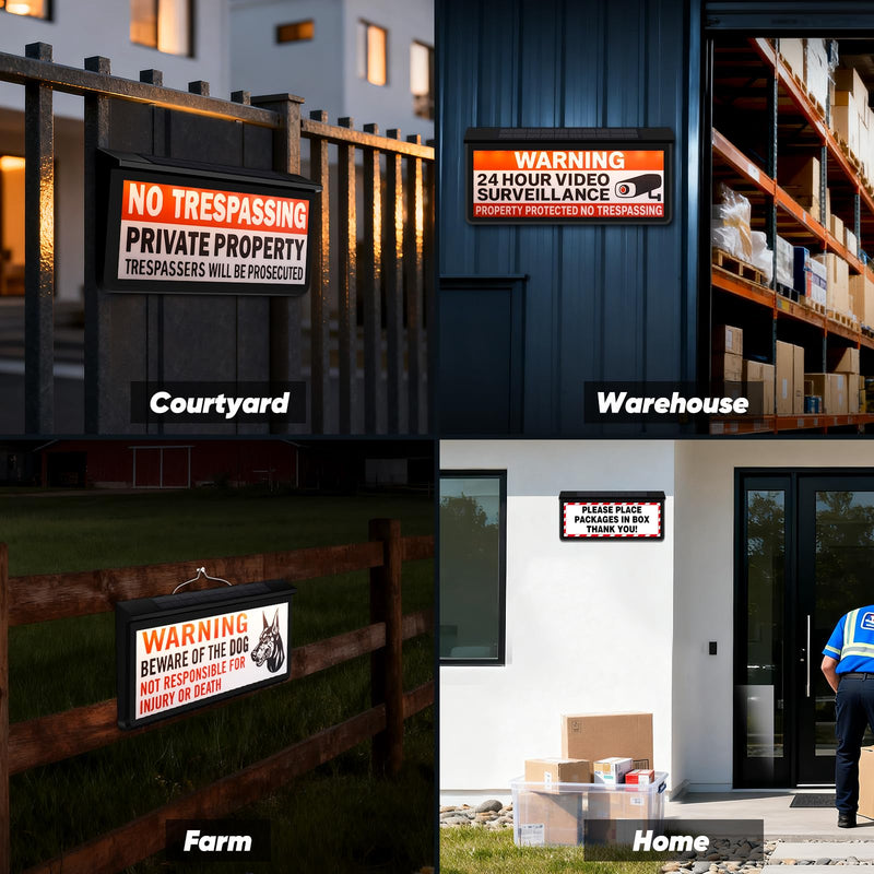 Warning Sign Light with Dual Color Modes, IP65 Waterproof Outdoor Security Sign for No Trespassing, Beware of Dog, Package Delivery 12"x6"