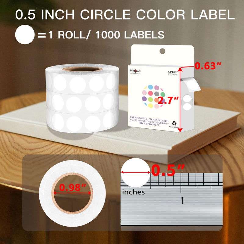 PARLAIM 1000 Pack 0.5 inch Diameter Round Dot Stickers, White Colored Code Adhesive Circle Labels