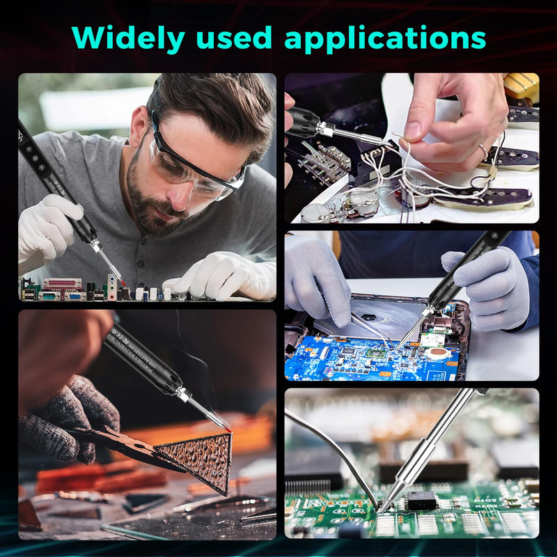 USB Soldering Iron Set with LCD, Battery Soldering Iron, Ceramic Heating Core, Adjustable Temperature 200-450°C, 3 Soldering Tips, Mini Soldering Station, Suitable for Small Repair such as Circuit Boards and Jewelery Wireless Black