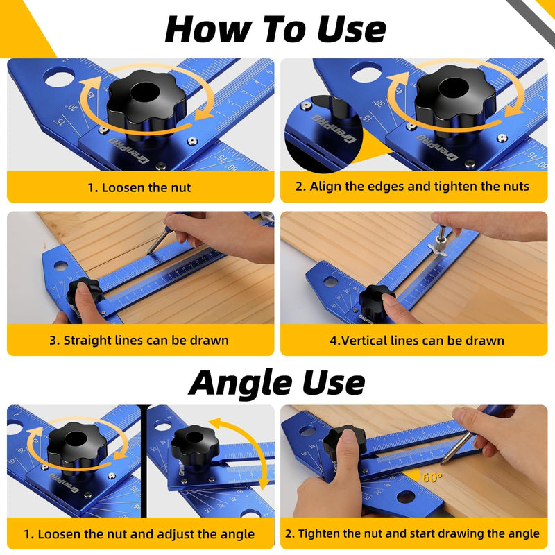 GRENPRO Woodworking Scriber Marking Line Ruler with Carpenter Pencil & Metal Ruler, Adjustable Aluminum Alloy Sliding T-Square Ruler, Measuring Angle Finder with Adjustment Scale,Drawing Aid Rule tool Blue