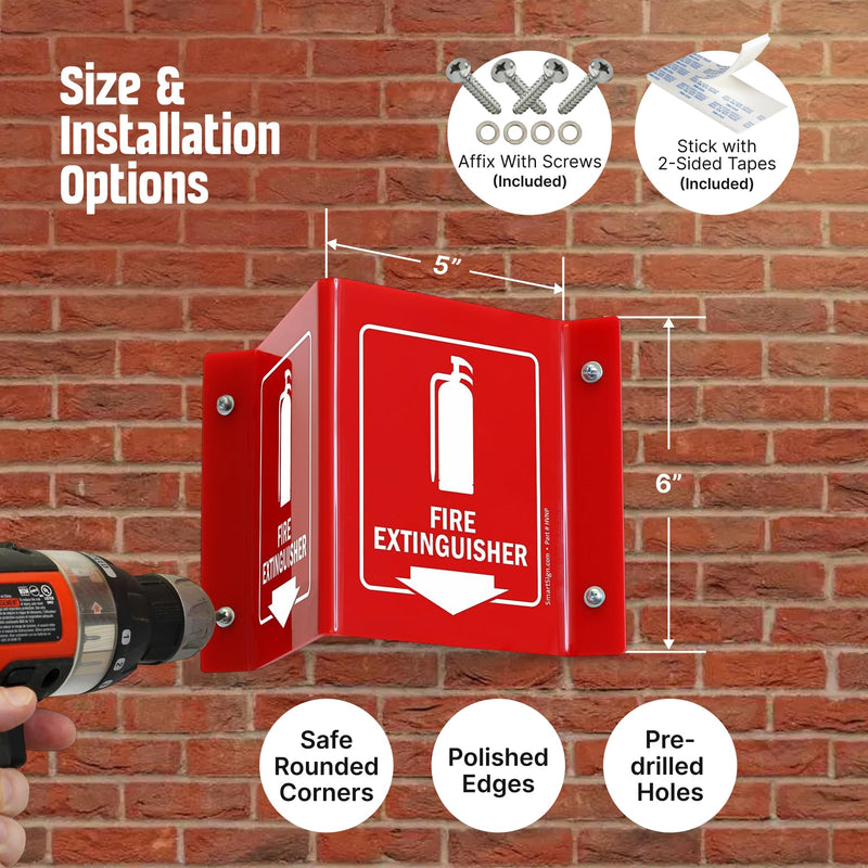 SmartSign (4-Pack) Fire Extinguisher Projecting Sign with Down Arrow - 5" x 6", Two-Sided Wall Mount Polished Acrylic Corridor V-Sign, White on Red #2. Red Acrylic - Pack of 4
