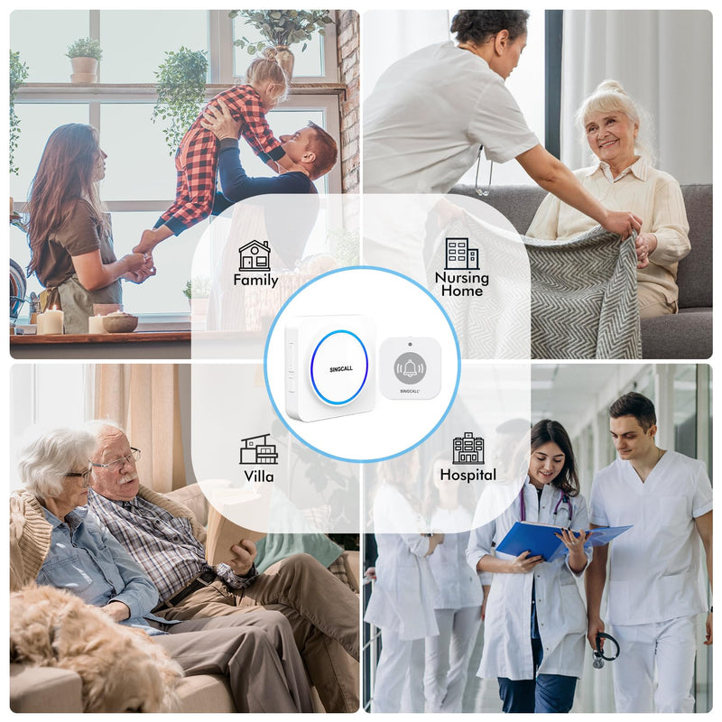 SINGCALL Wireless Portable Caregiver Pager Panic Alarm System Personal Alarm for Elderly/Kids/Pregnant/Patients 32 Chimes & 0-100dB Volume 1 Rechargeable Portable Receiver+ 2 Emergency Call Buttons 1 receiver and 2 call buttons