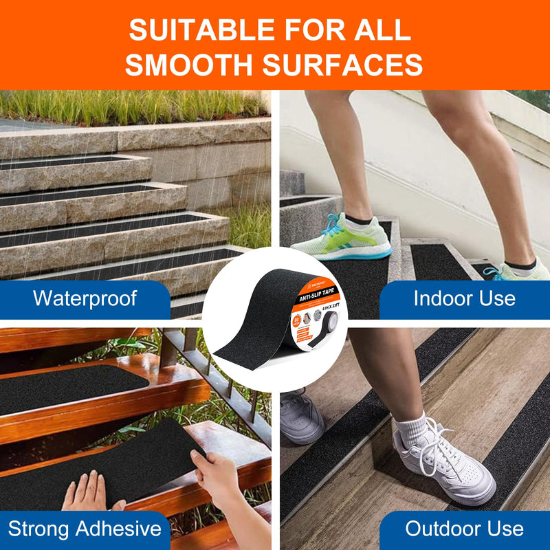 SIKEDEPRO 4" x 33Ft Heavy Duty Anti-Slip Tape,Skateboard Grip Tape, Non-Skid Safety Traction Tape for Staircases Outdoor/Indoor, Waterproof High Traction Stairs Non Skid Treads 4inch