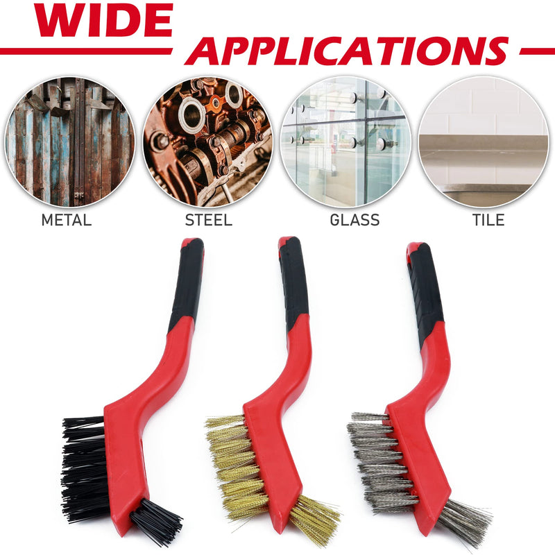 [Australia - AusPower] - TAKAVU Small Wire Brush Set, 3 Different Types Brush, Brass - Stainless Steel - Nylon Wire Brushes for Cleaning with Curved Handle Grip for Rust Removal, Dirt, Paint Scrubbing 3pcs Small Wire Brush 
