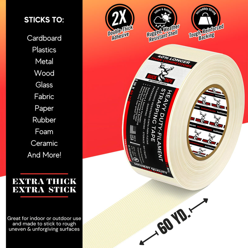 [Australia - AusPower] - Buck Strapping Tape 2 Inch x 60 Yds (180ft) - 5.5Mil Thickness, Heavy Duty Industrial Grade Mono Directional Fiberglass Reinforced Filament Tape with Synthetic PET Adhesive for Bundling & Palletizing 2 Inch x 60 Yards 1 Pack 
