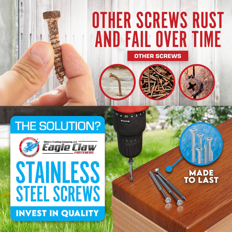 #10 x 2 1/2 Inch Stainless Steel Deck Screws | 304 Grade (100 Pack) | Flat Head T25 Star Torx Drive | Stainless Steel Screws by Eagle Claw Fasteners | Corrosion & Rust Resistant (Includes Driver Bit) 100 #10 x 2-1/2"