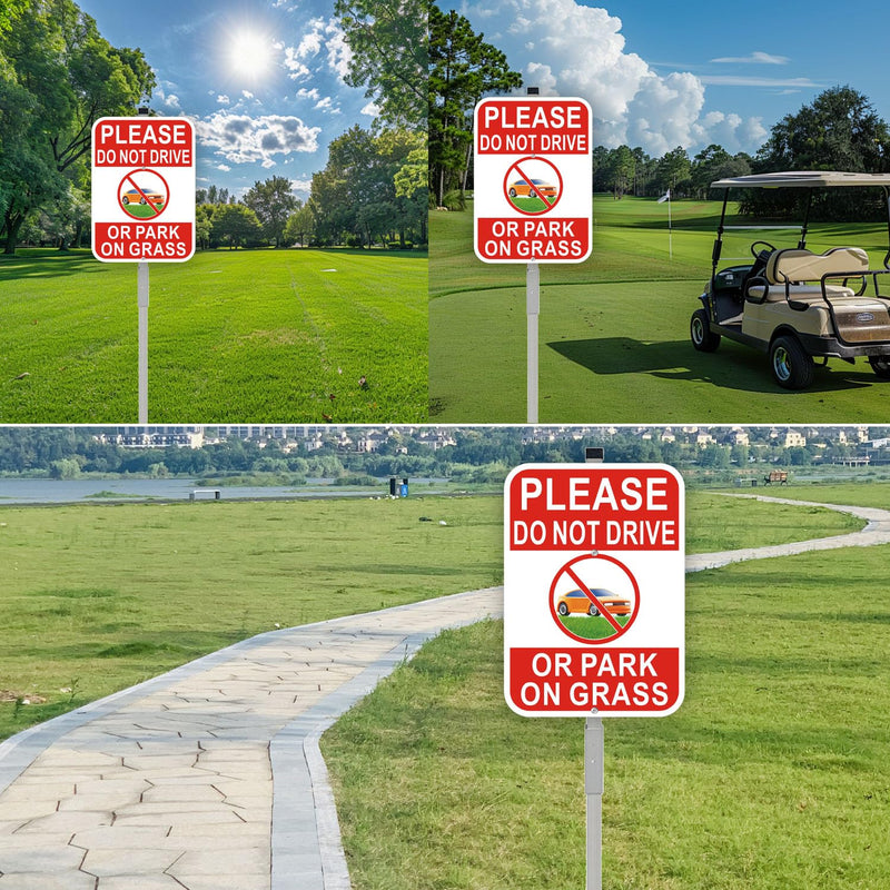 2-Pack No Parking on Grass Sign with 36" Metal Stakes, 10”x14” No Drive on Grass Rust-free Aluminum Yard Sign, Red/White 2 Pack- Red/White - 01