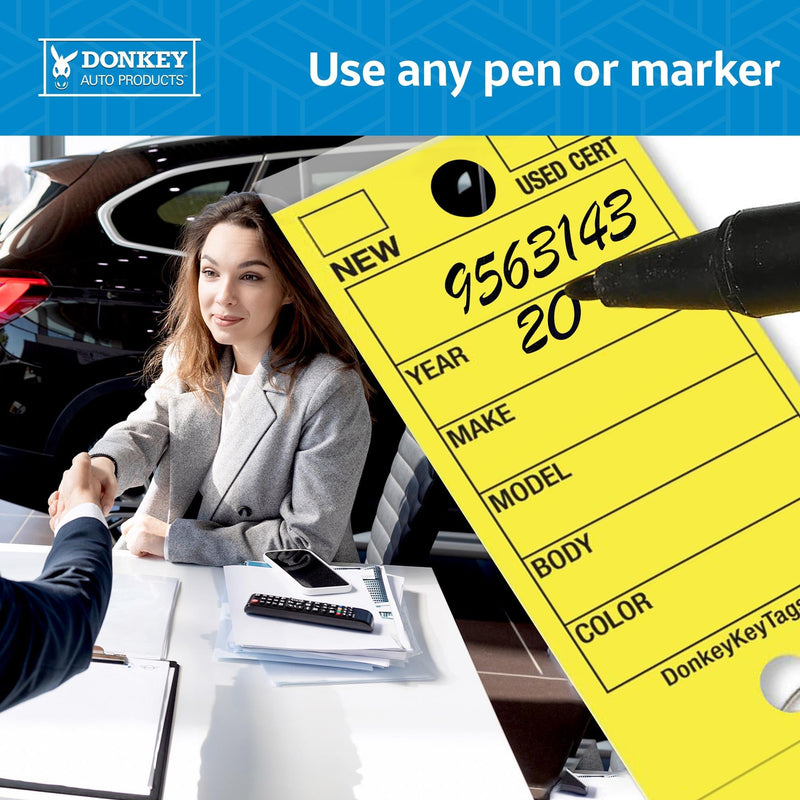 Donkey Key Tags, Laminated Self-Protecting (250 Tags Per Box with Metal Rings) (Yellow) Yellow
