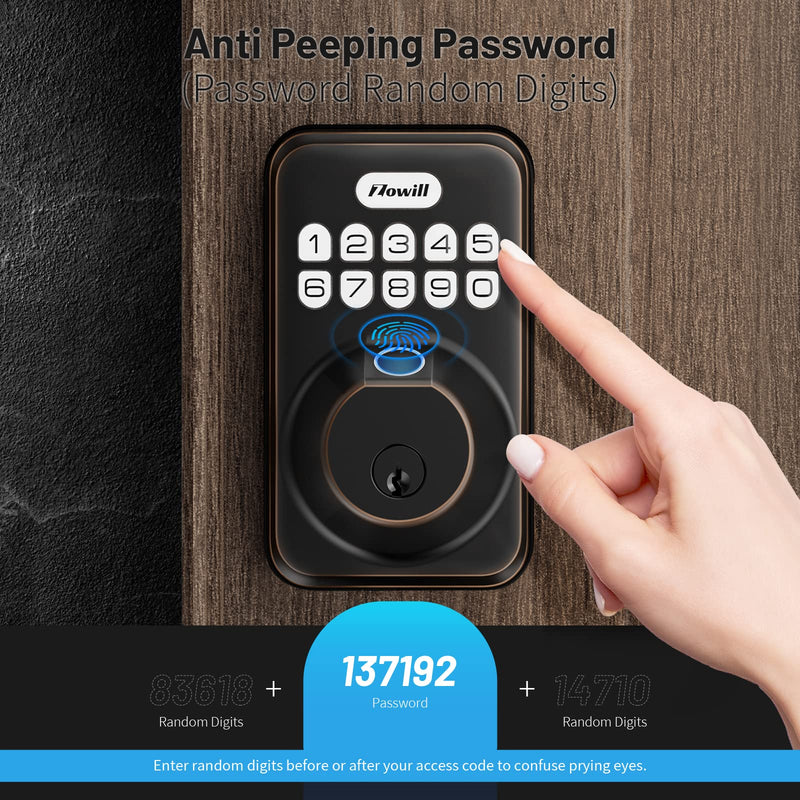 Fingerprint Door Lock, Zowill Keyless Entry Door Lock Keypad Deadbolt with 20 Biometric Fingerprints, 20 User Codes, Auto Lock, Anti-Peeping Password, IP54 Waterproof, Easy Installation Smart Lock Oil Bronze