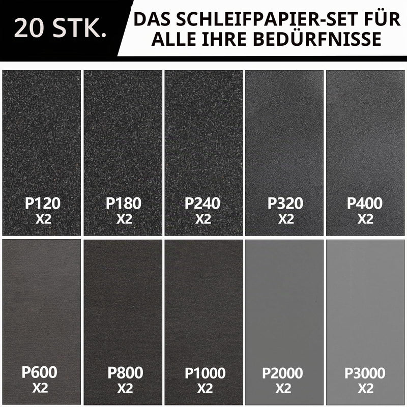 Sandpaper Set 23 x 9 cm Sandpaper 120 to 3000 Grit | Pack of 20 wet and dry fine sanding paper for wood, metal, car, paint, stone, glass and furniture 20 piece grain set