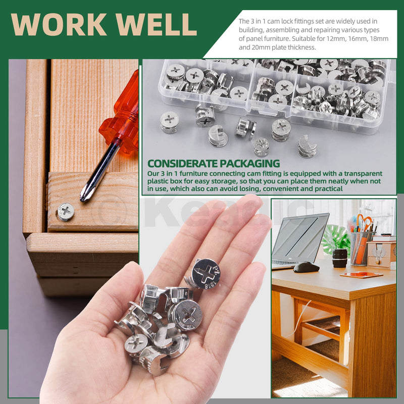 [Australia - AusPower] - Keadic 100 Pcs 4 Sizes Cam Locks for Furniture, 3-in-1 Eccentric Wheels, Furniture Cam Lock Nuts Furniture Connecting Cam Lock Fittings Assortment Kit for Wardrobe Drawer Closets Bed 