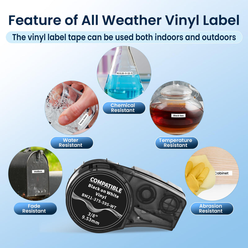 Compatible Label Tape Replacement for M21-375-595-WT All-Weather Vinyl Labels Tape for Indoor/Outdoor ID, Lab and Equipment Labeling, Black on White, .375" 21' L, 4 Pack 0.375 inch