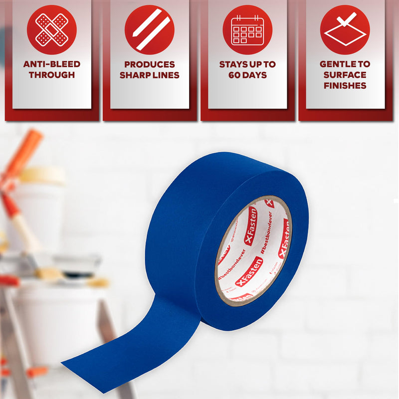 XFasten Professional Blue Painters Tape, Sharp Edge Line Technology, 1.5 Inches x 60Yards (3-Pack) - Produces Sharp Lines and Residue-Free Artisan Grade Clean Release Wall Trim Tape 1.5 Inches x 60 Yards (3-Pack)