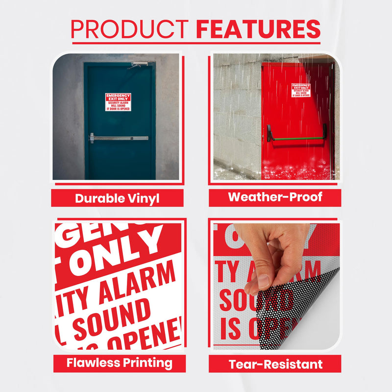 5 x Emergency Exit Only Stickers | Security Alarm Will Sound If Door Is Opened Signs | 10 x 7 inches | Self-Adhesive, UV Protected Vinyl Decals | Non-Rusting, Easy to Mount Labels for Business, Hospitals, Offices, Schools
