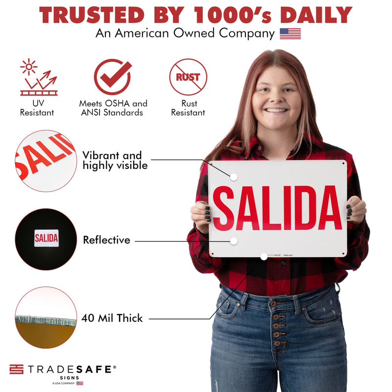 TRADESAFE Exit Sign - Salida Spanish Signs for Business, Quick Install Aluminum Safety Sign, Light Reflective, UV-Resistant, Waterproof, 14” X 10”, Indoor and Outdoor Signs