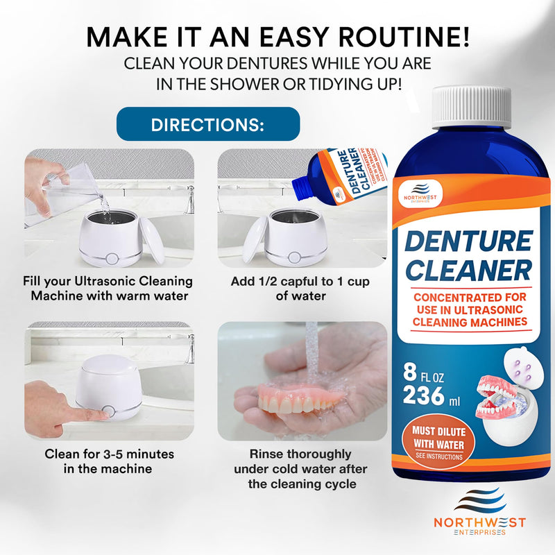 Ultrasonic Denture Cleaner - Denture Cleaner for All Types of Dentures - Denture Cleaning Solution Removes Stains, Plaque, Grime, and Build-up (16 Ounces) 16 Ounce